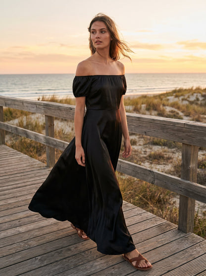 Black satin off shoulder cocktail maxi dress by Riley Belle
