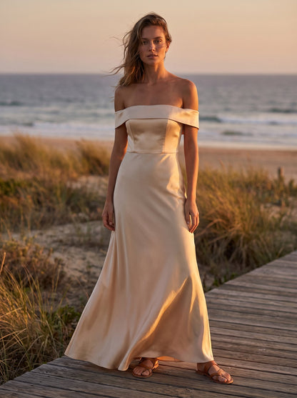 Champagne satin off shoulder cocktail maxi dress by Riley Belle
