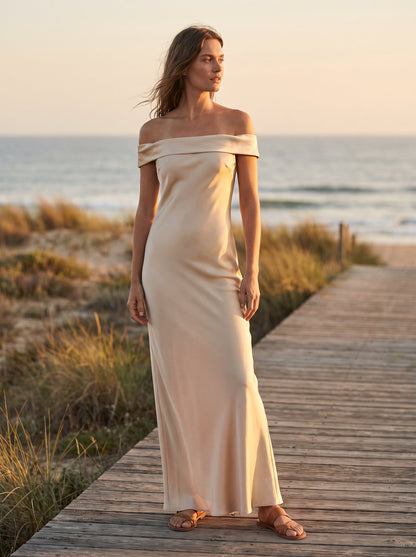 Champagne satin off shoulder cocktail maxi dress by Riley Belle
