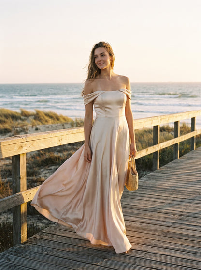 Champagne satin off shoulder cocktail maxi dress by Riley Belle