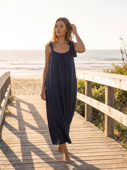 Kiara Radiant Navy Tie Shoulder Maxi Dress by Riley Belle