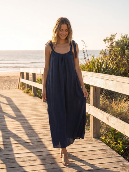 Kiara Radiant Navy Tie Shoulder Maxi Dress by Riley Belle