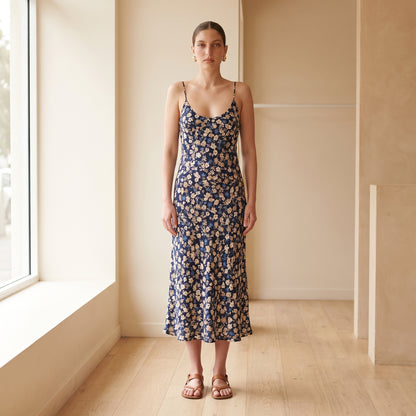 Celeste navy floral bias slip midi dress by Riley Belle