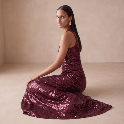 Ruby wine sequin maxi dress back view by Riley Belle