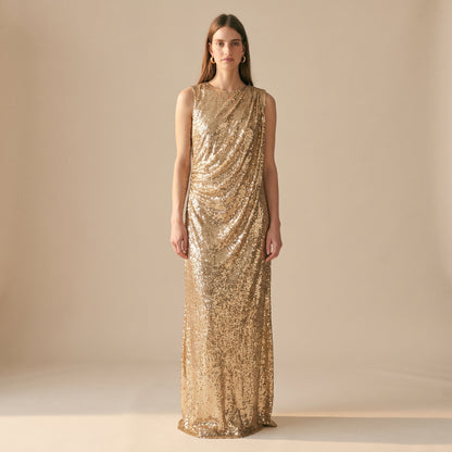 Celia gold sequin occasion maxi dress by Riley Belle