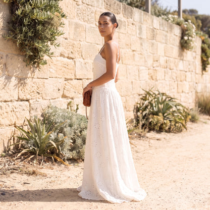 Isla white broderie maxi dress side view by Riley Belle