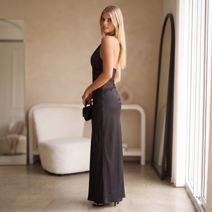 Noor black lace occasion maxi dress side view by Riley Belle