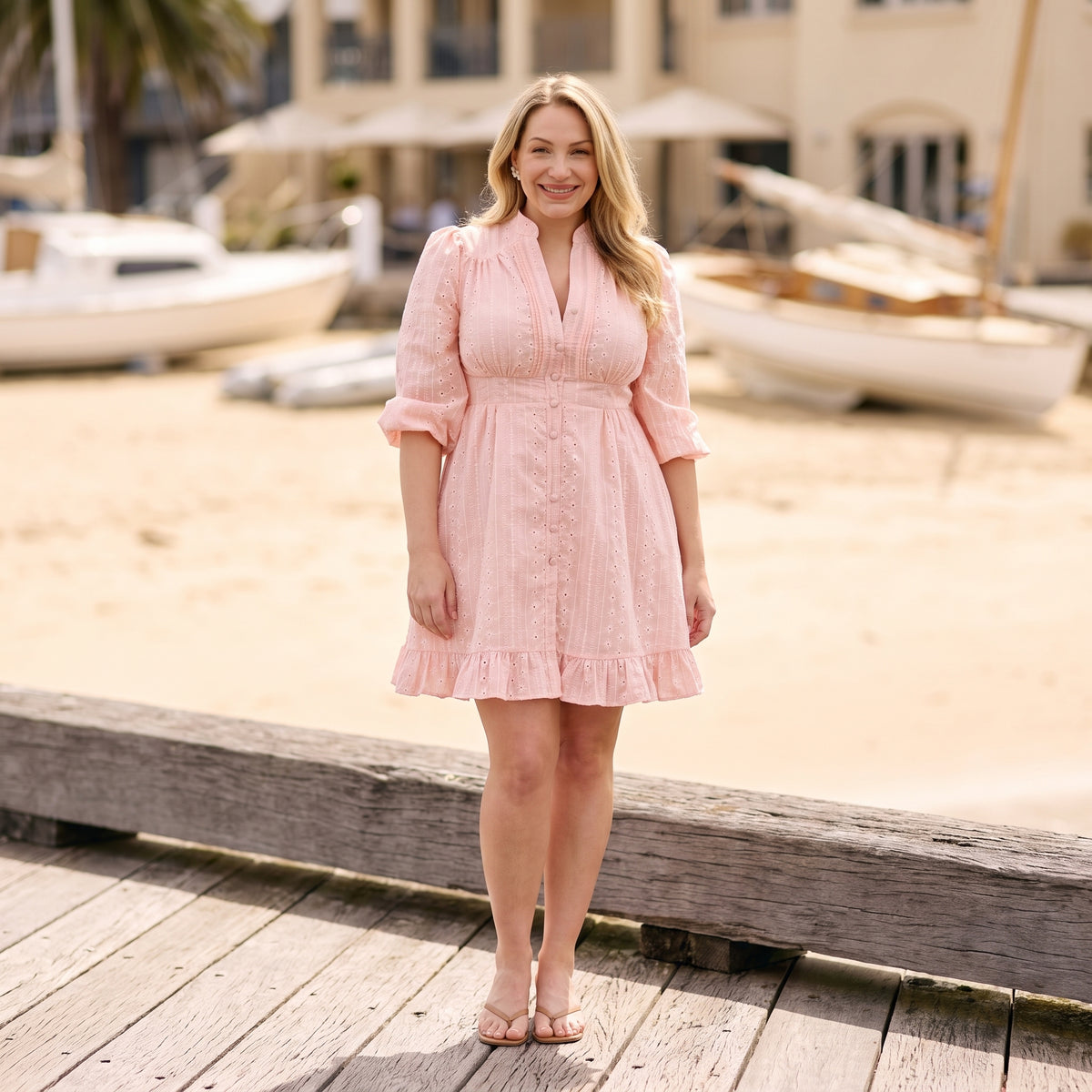 Rosie pink broderie anglaise mini dress by Riley Belle