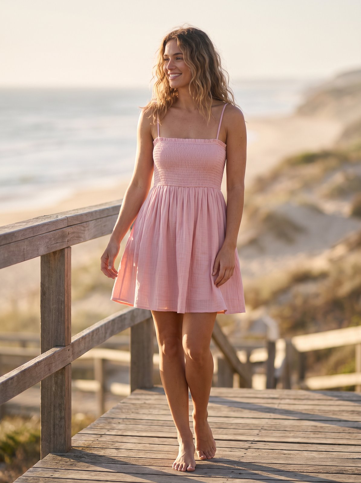 Pink shirred summer mini dress by Riley Belle