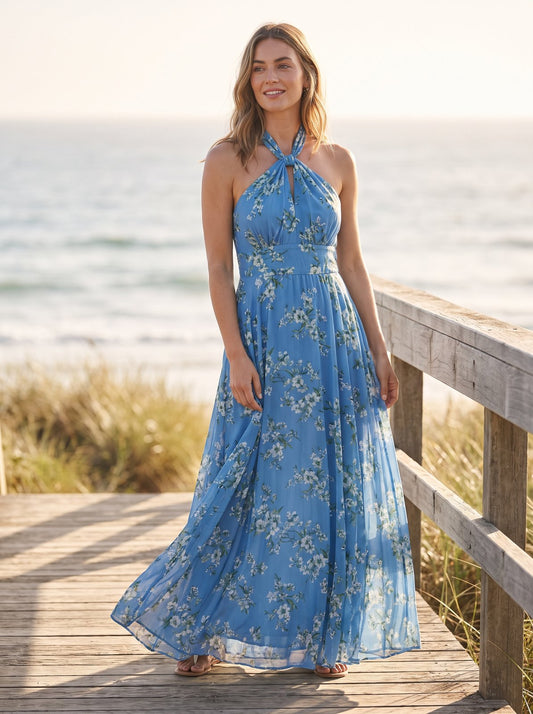 Blue floral halter summer maxi dress by Riley Belle