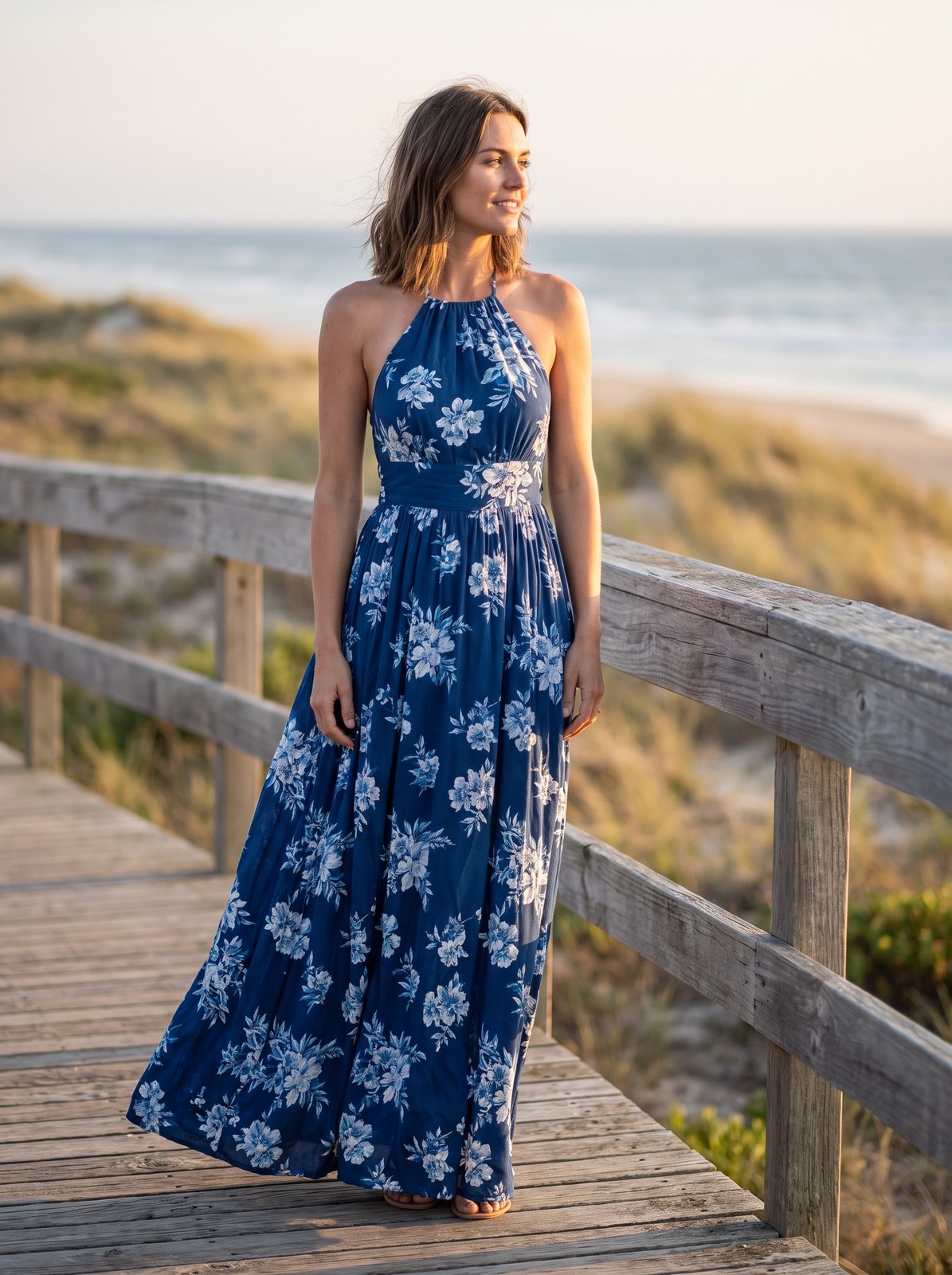 Blue floral halter summer maxi dress by Riley Belle
