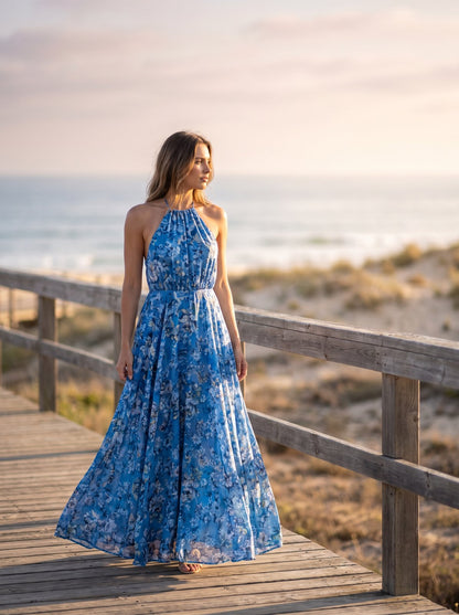Blue floral halter summer maxi dress by Riley Belle
