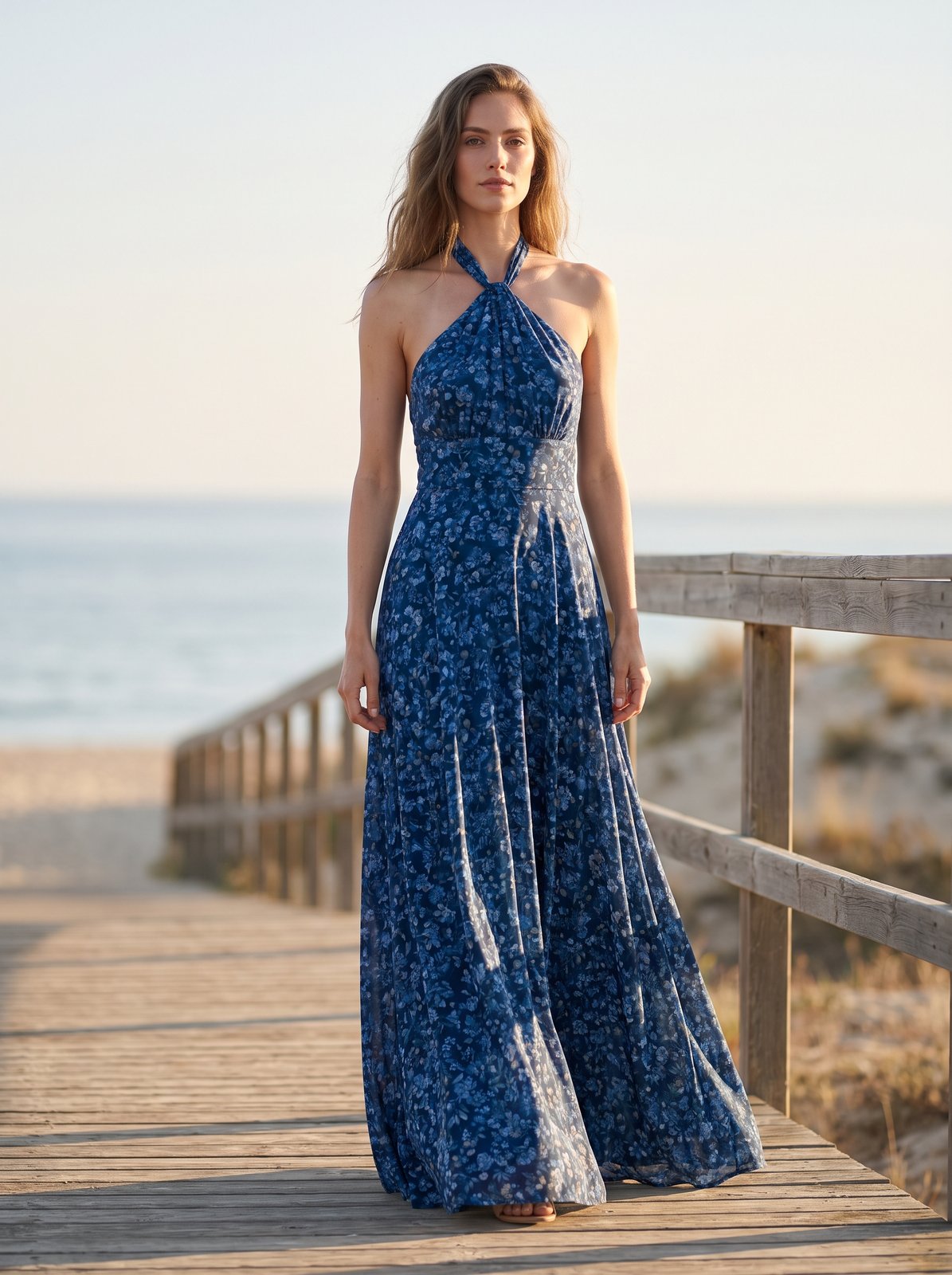 Blue floral halter summer maxi dress by Riley Belle