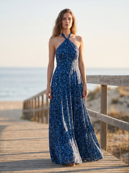 Blue floral halter summer maxi dress by Riley Belle