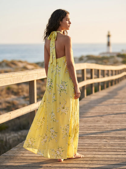 Lemon floral halter summer maxi dress by Riley Belle