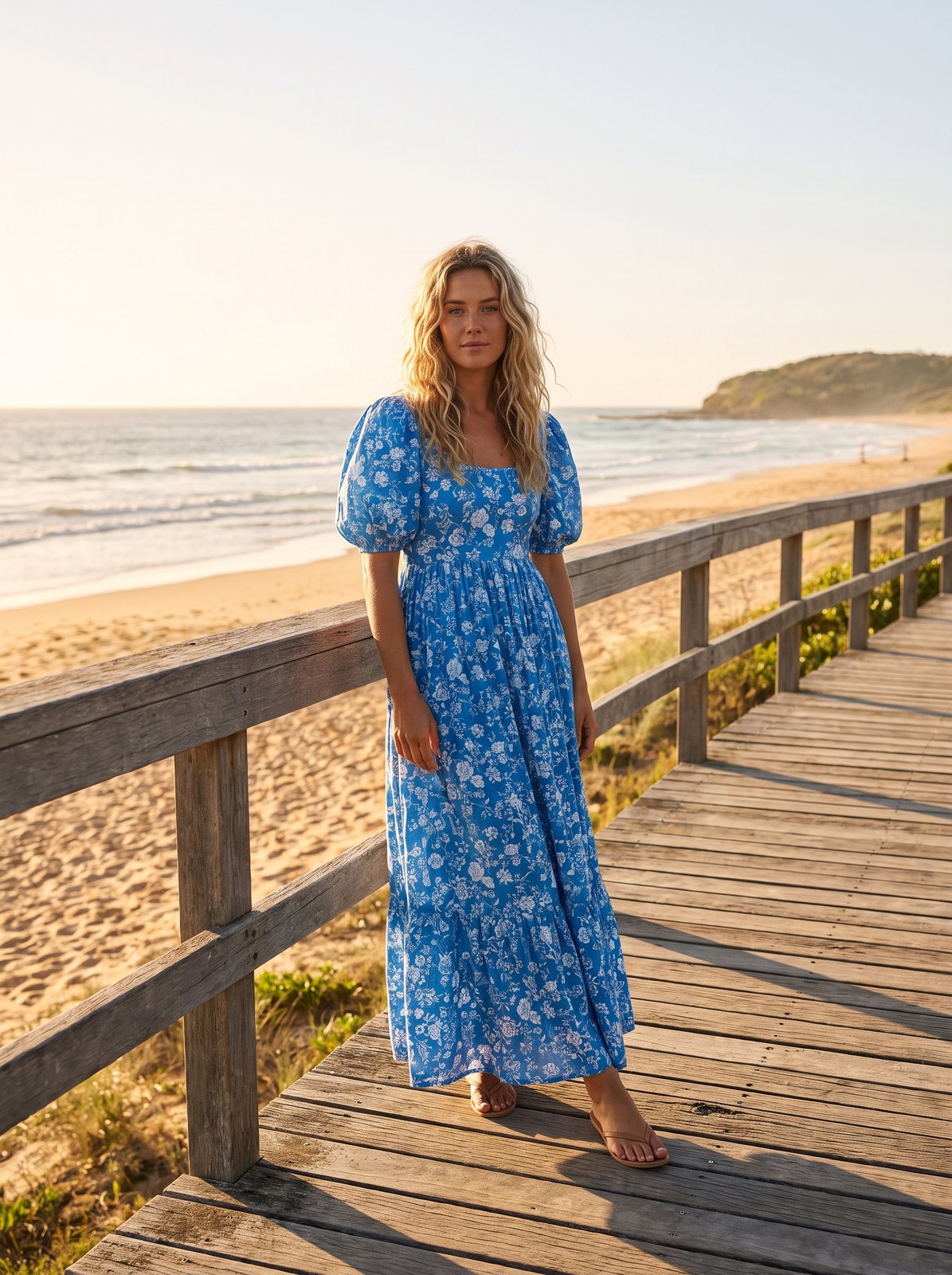 Leni Calm Blue Floral Puff Sleeve Floral Maxi Dress by Riley Belle