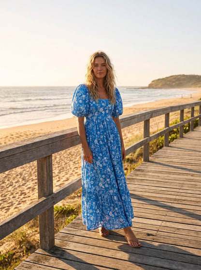 Leni Calm Blue Floral Puff Sleeve Floral Maxi Dress by Riley Belle