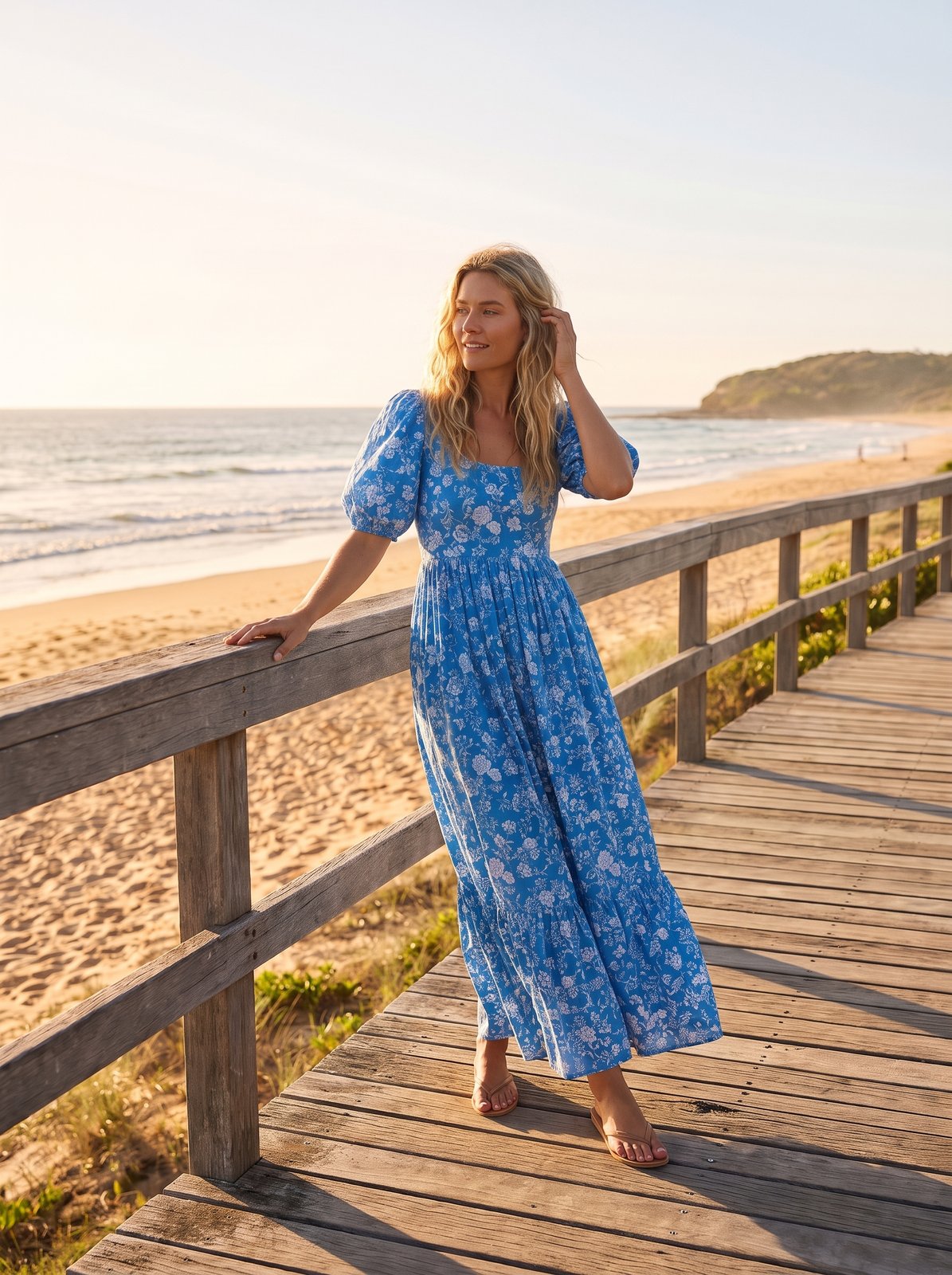 Leni Calm Blue Floral Puff Sleeve Floral Maxi Dress by Riley Belle