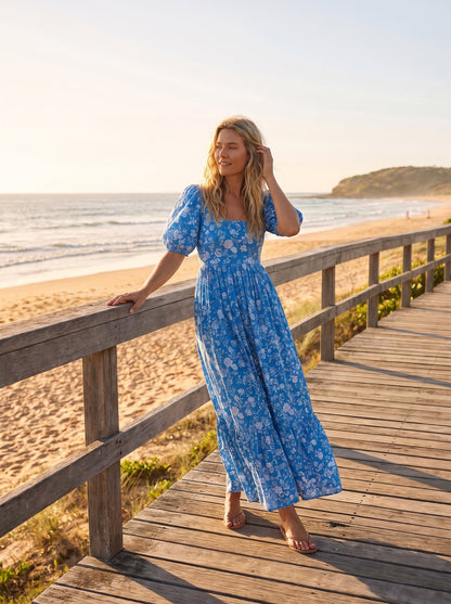 Leni Calm Blue Floral Puff Sleeve Floral Maxi Dress by Riley Belle