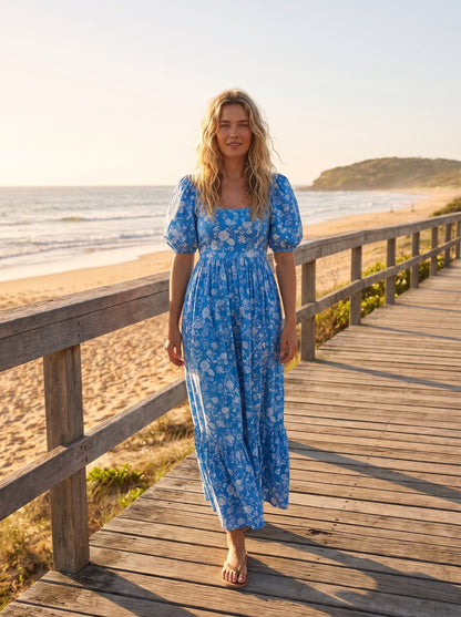 Leni Calm Blue Floral Puff Sleeve Floral Maxi Dress by Riley Belle