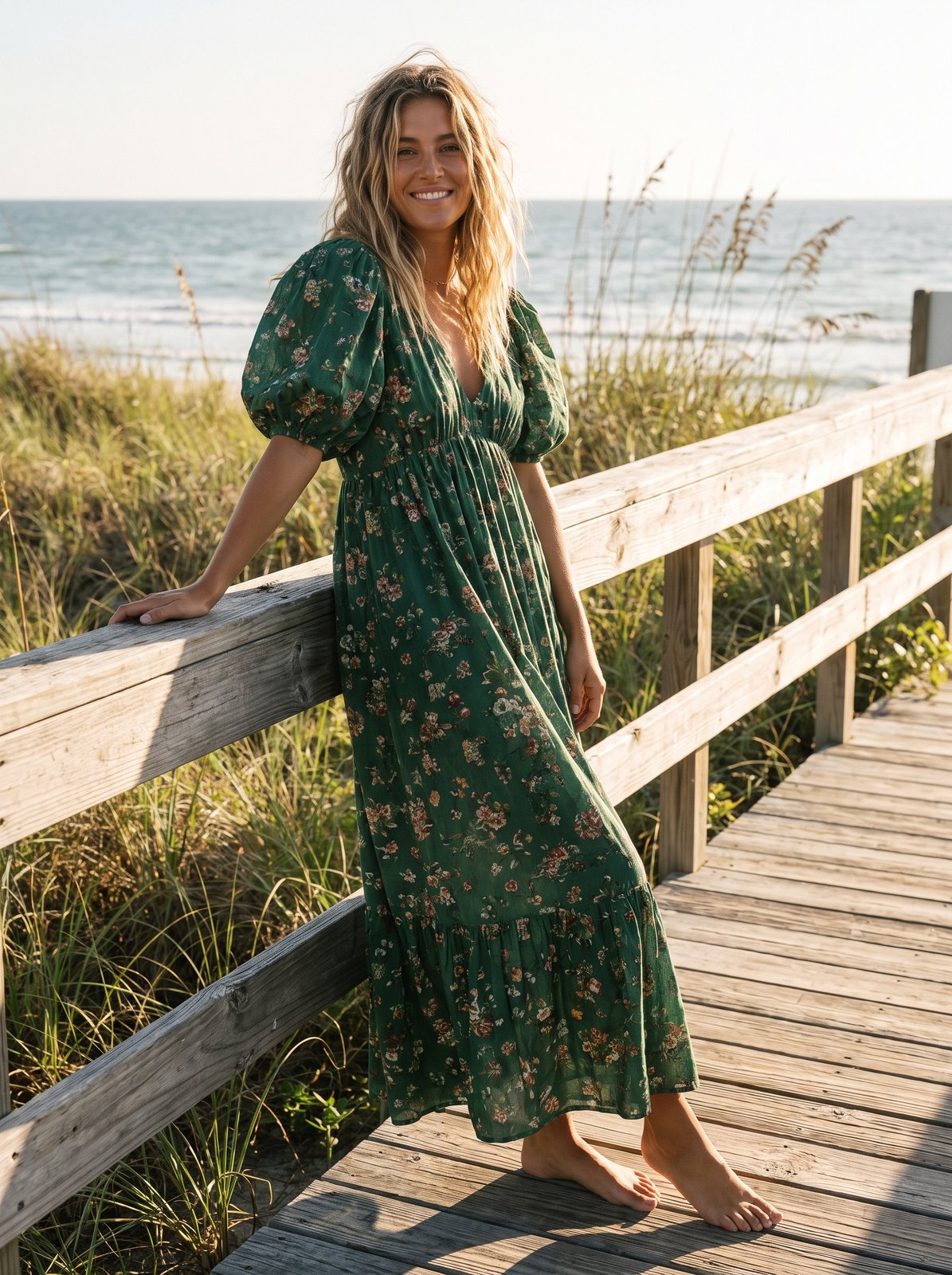 Leni Calm Green Puff Sleeve Floral Maxi Dress by Riley Belle