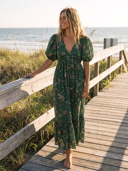 Leni Calm Green Puff Sleeve Floral Maxi Dress by Riley Belle
