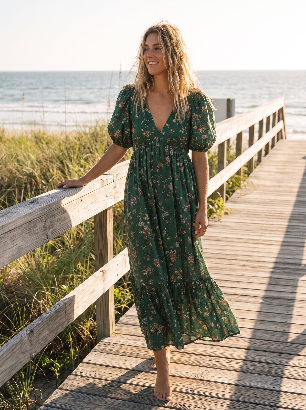 Leni Calm Green Puff Sleeve Floral Maxi Dress by Riley Belle