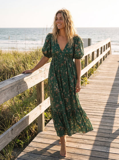 Leni Calm Green Puff Sleeve Floral Maxi Dress by Riley Belle