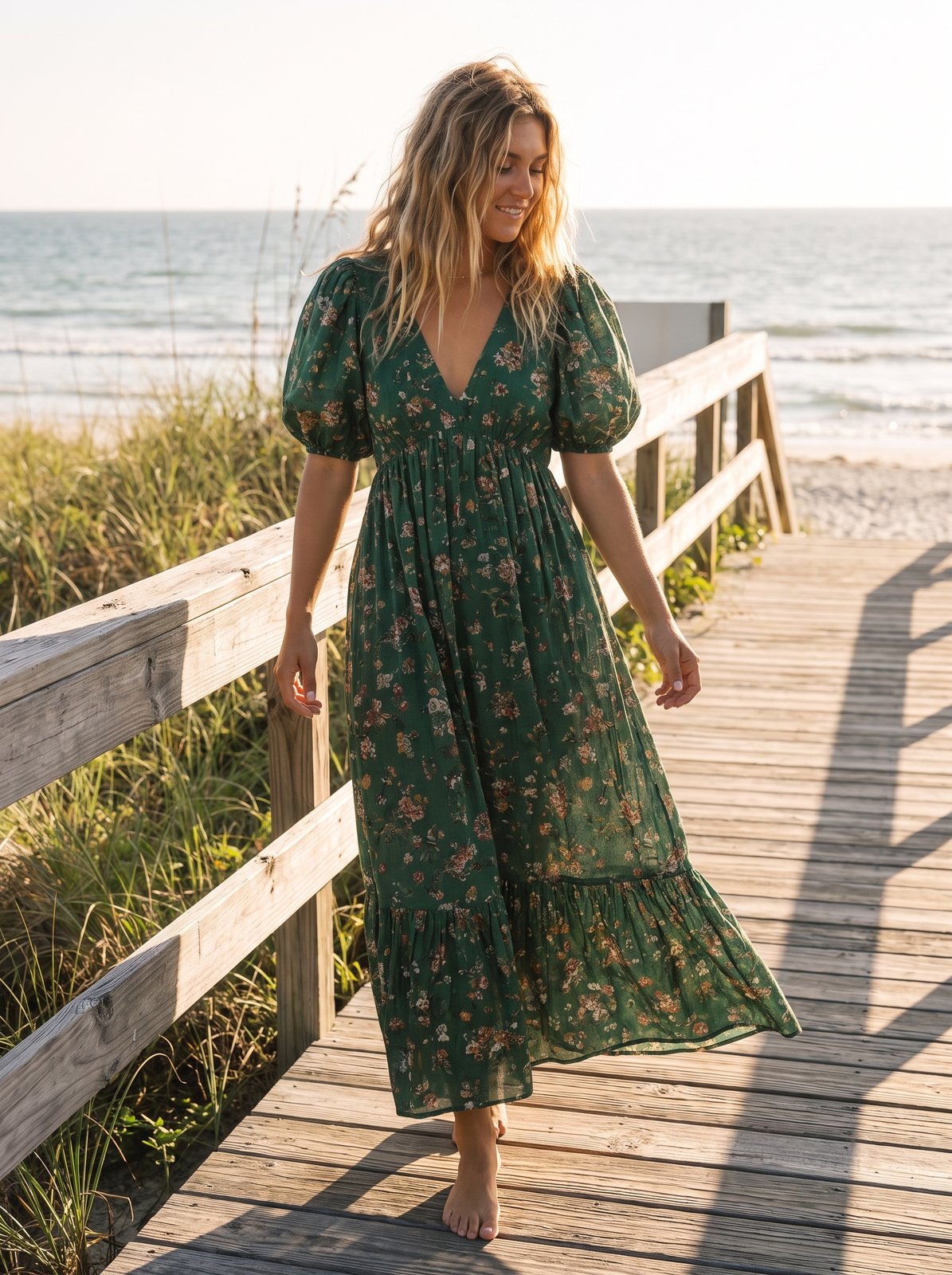 Leni Calm Green Puff Sleeve Floral Maxi Dress by Riley Belle