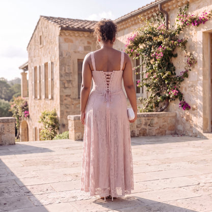 Arabella Blush Pink Lace Corset Wedding Guest Maxi Dress
