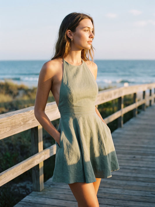 Sage green halter mini dress by Riley Belle