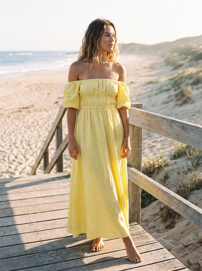 Lucia Warm Lemon Yellow Off Shoulder Ruched Maxi Dress by Riley Belle