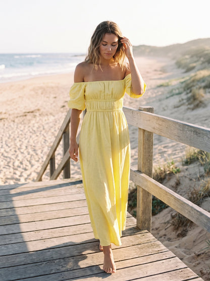 Lucia Warm Lemon Yellow Off Shoulder Ruched Maxi Dress by Riley Belle
