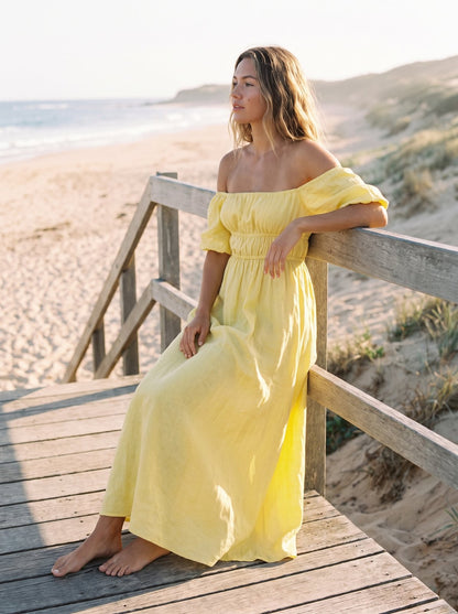 Lucia Warm Lemon Yellow Off Shoulder Ruched Maxi Dress by Riley Belle