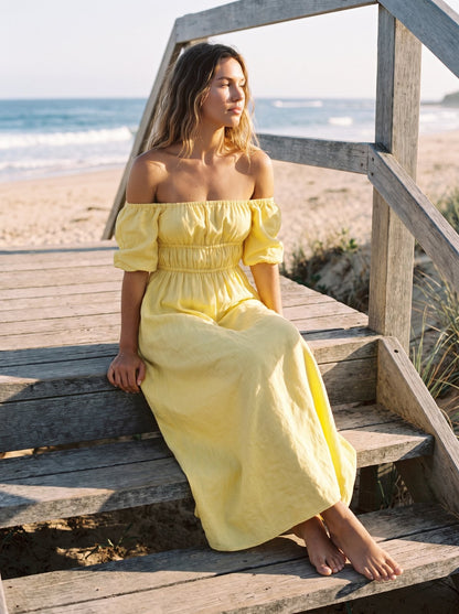 Lucia Warm Lemon Yellow Off Shoulder Ruched Maxi Dress by Riley Belle