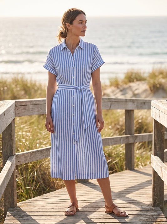 Blue stripe belted summer midi dress by Riley Belle