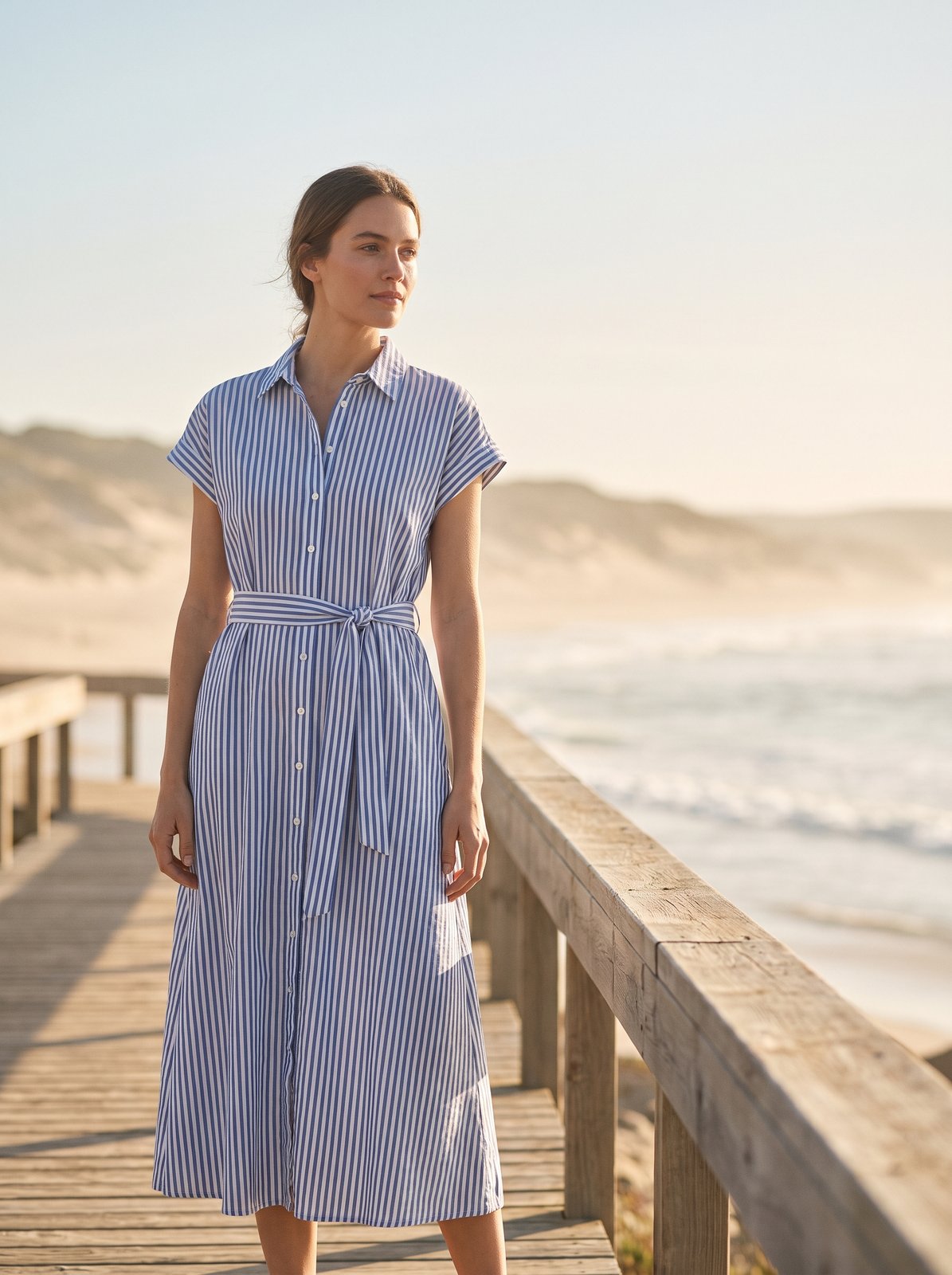 Blue stripe belted summer midi dress by Riley Belle