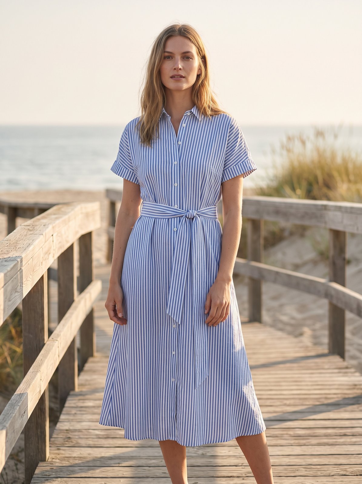 Blue stripe belted summer midi dress by Riley Belle