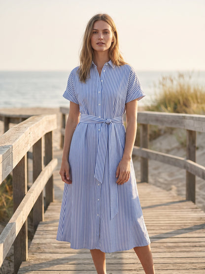 Blue stripe belted summer midi dress by Riley Belle