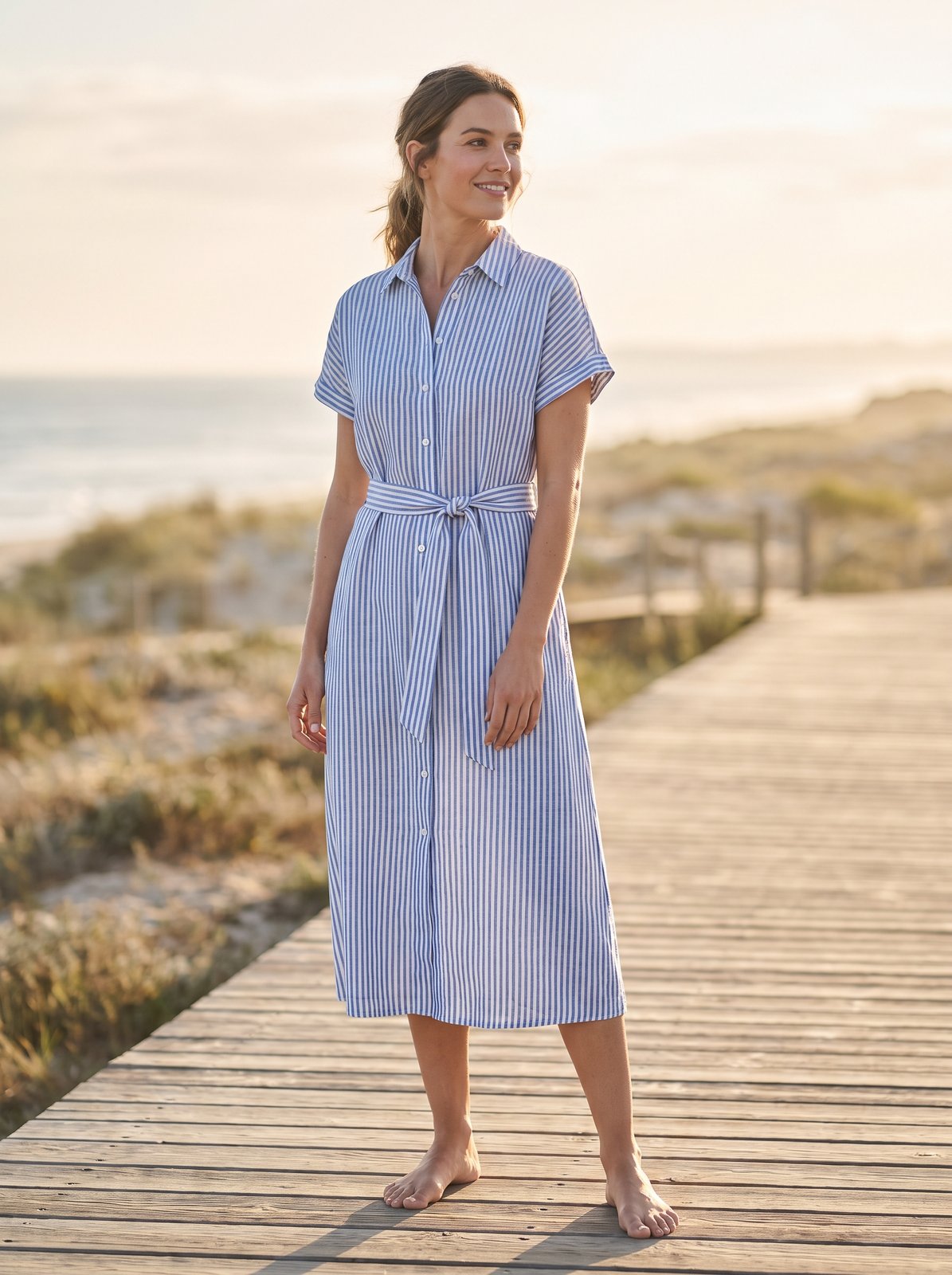 Blue stripe belted summer midi dress by Riley Belle