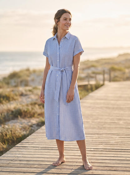 Blue stripe belted summer midi dress by Riley Belle