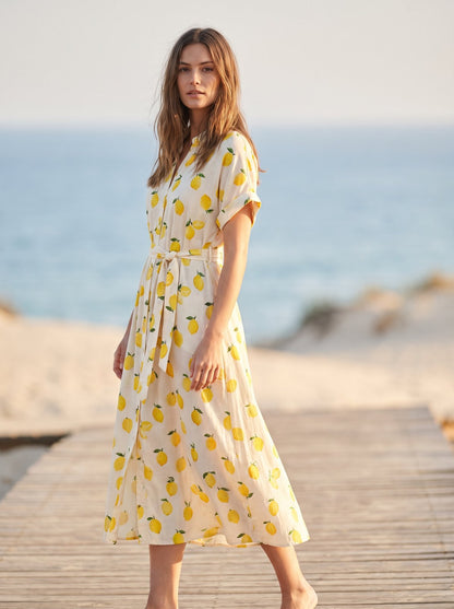 Lemon print belted summer midi dress by Riley Belle