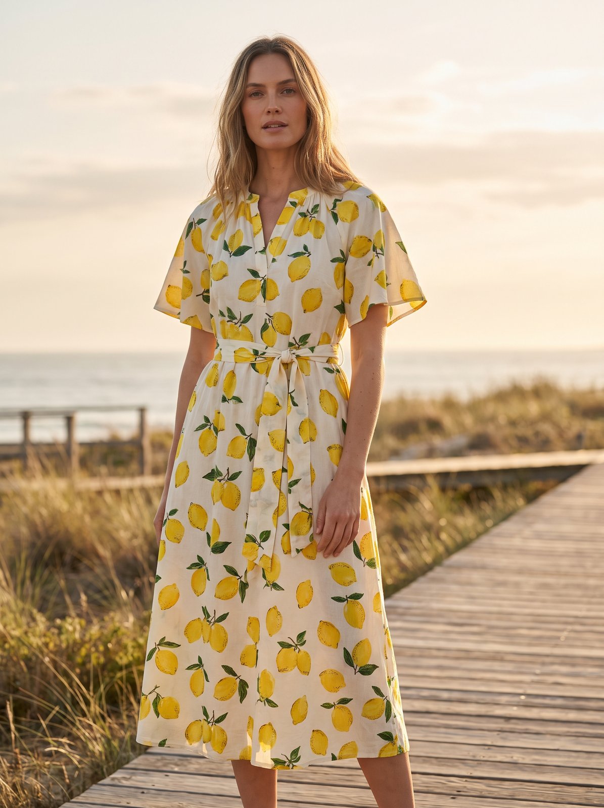 Lemon print belted summer midi dress by Riley Belle