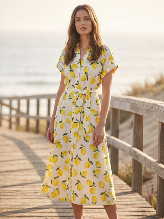 Lemon print belted summer midi dress by Riley Belle
