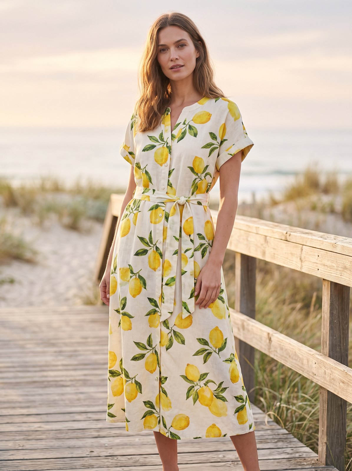 Lemon print belted summer midi dress by Riley Belle