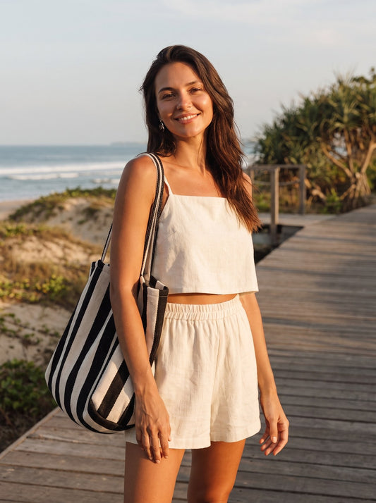 Maisie Bright Black Stripe Beach Tote Bag by Riley Belle