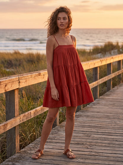 Red tiered mini dress by Riley Belle