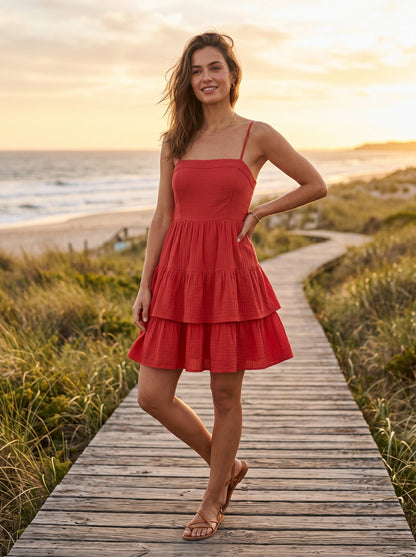 Red tiered mini dress by Riley Belle
