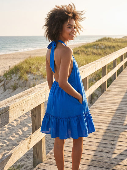 Cobalt blue halter summer mini dress by Riley Belle