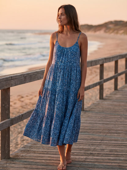 Blue floral tiered summer midi dress by Riley Belle